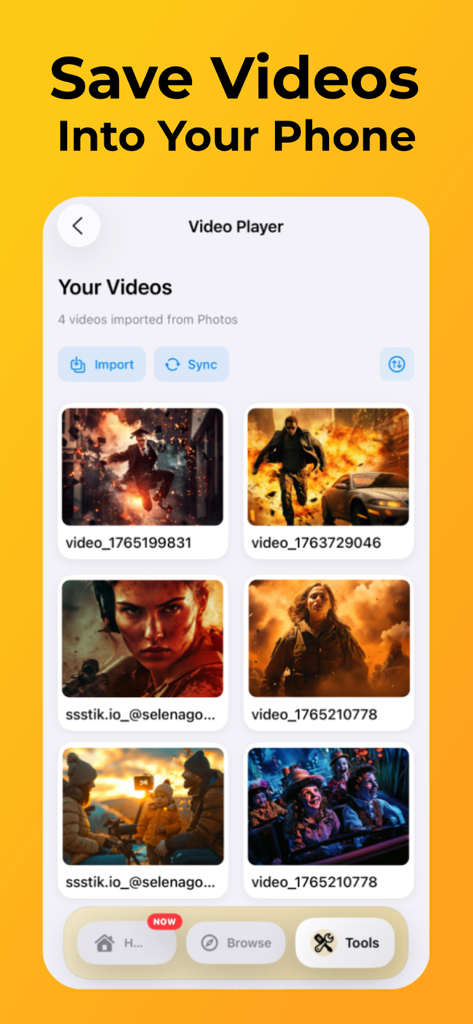 SnapTube : HD Videos Mp3 Music - Snaptube app video player screen showing a grid of thumbnails and import options