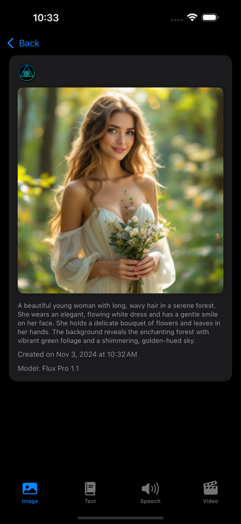 Interfaz de la aplicación Genesis AI mostrando una imagen de alta fidelidad de una mujer en un bosque generada con el modelo Flux Pro 1.1.