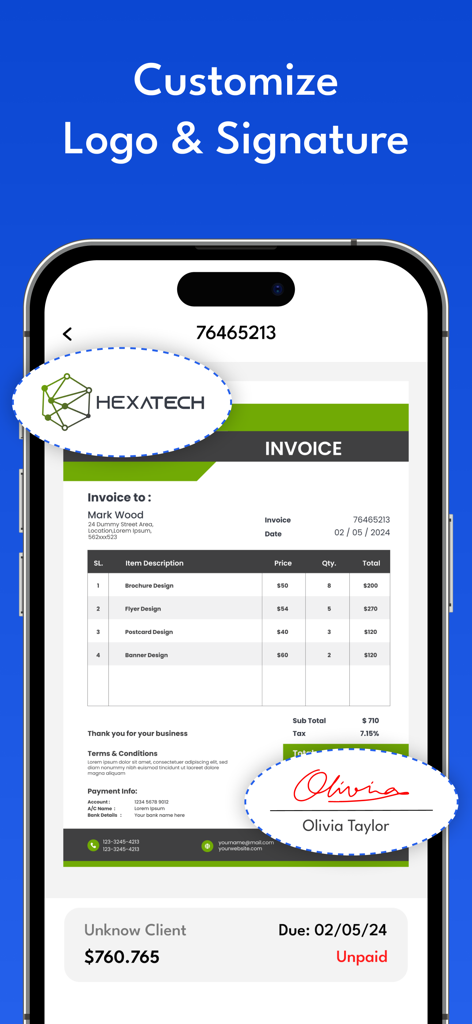 Invoice Maker & Quotation - A professional invoice template on a mobile device showing a custom company logo and digital signature.