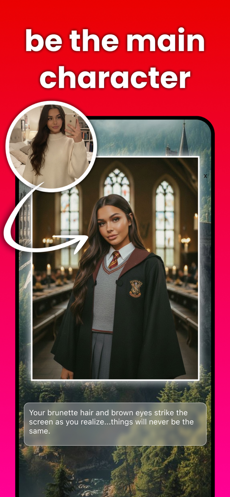 Mobile app screenshot showing a user selfie transformed into an AI avatar as the main character in a wizard story