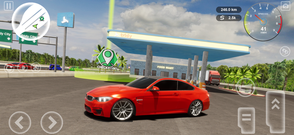 Drive Quest: Online - A red sports car parked near a gas station and a green checkpoint icon in Drive Quest Online
