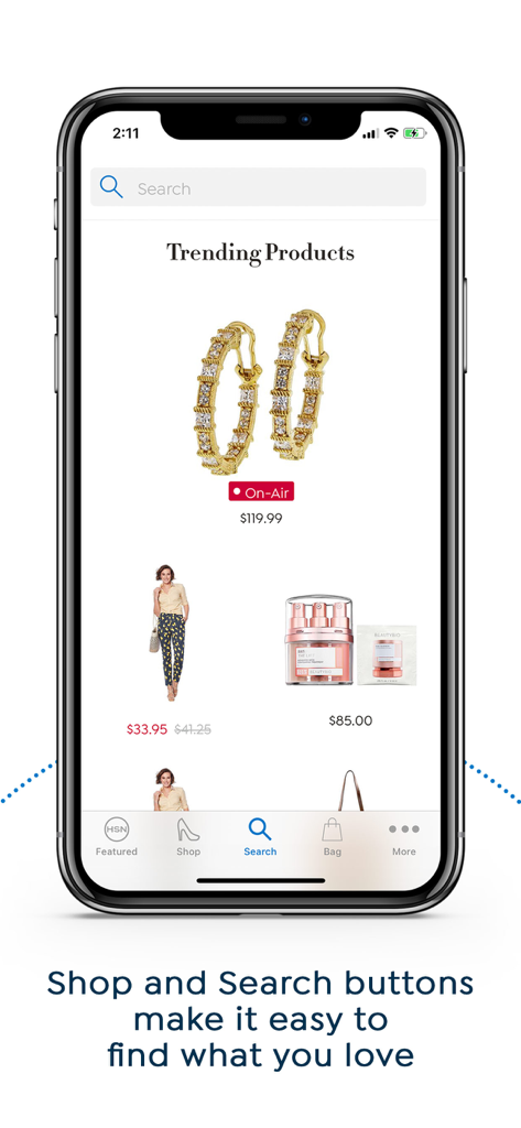 Mobile interface of the HSN shopping app showing trending products and navigation buttons