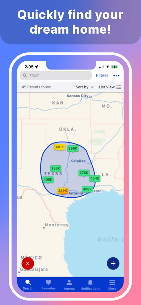 Homes And Rentals - Pantalla móvil de la aplicación HAR.com que muestra listados de propiedades y precios en un mapa de Texas dentro de un límite de búsqueda personalizado