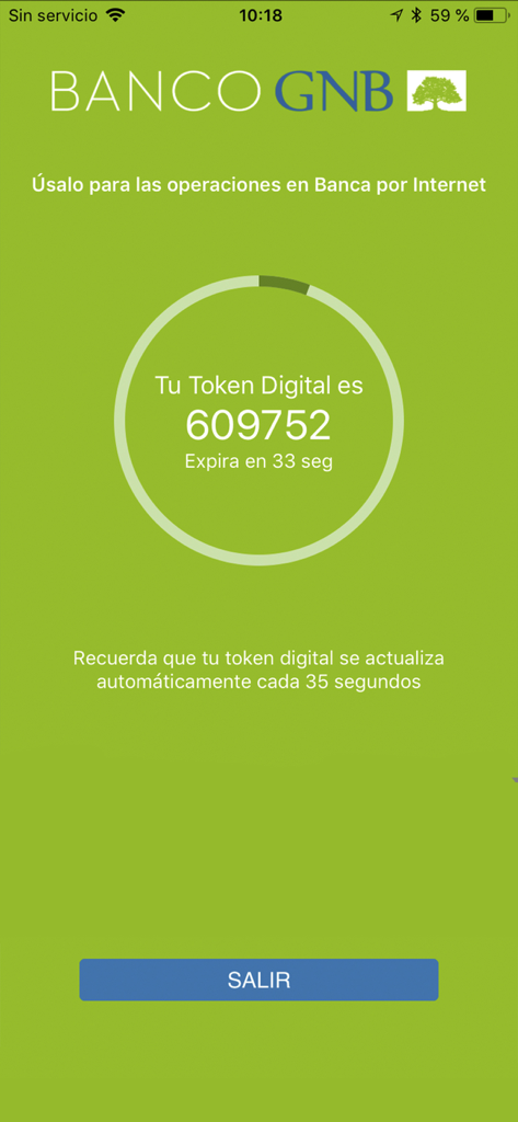 Security screen of the Banco GNB Peru app displaying a digital token code for online banking authentication