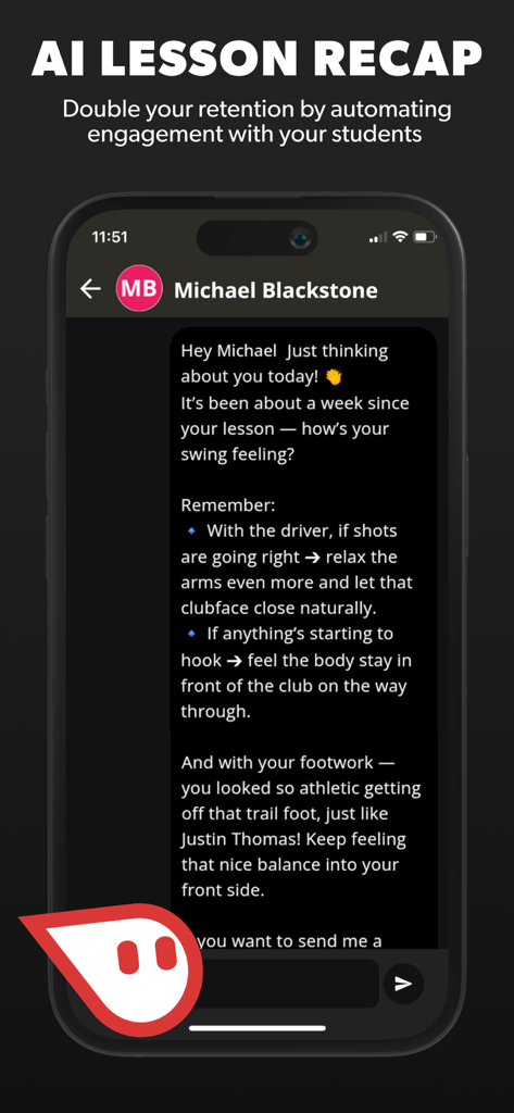 V1 Coach: Video Analysis App - Una interfaz móvil de la aplicación V1 Coach que muestra un resumen de lección AI automatizado dentro de un chat con un estudiante.