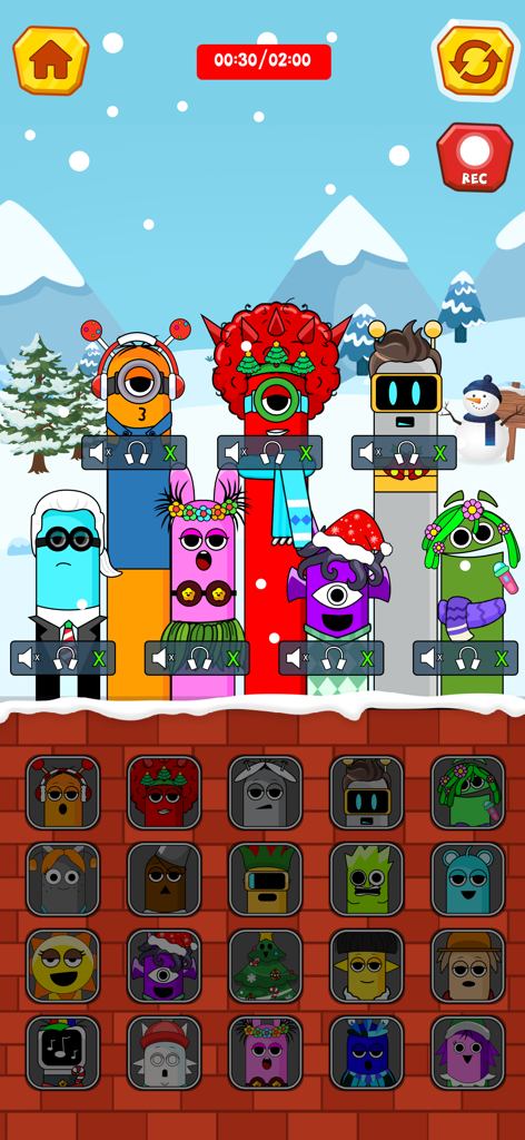 Horror Beats: Scary Music - 겨울 테마 캐릭터와 사운드 선택 아이콘이 특징인 호러 비트의 음악 제작 화면입니다.