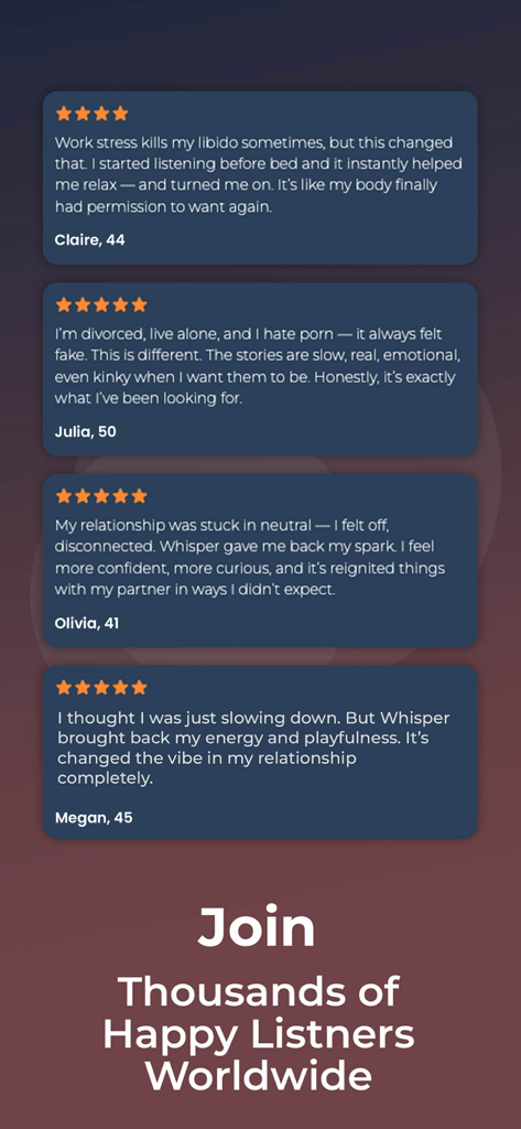 Five star user testimonials and reviews for Whisper Stories romantic audio app