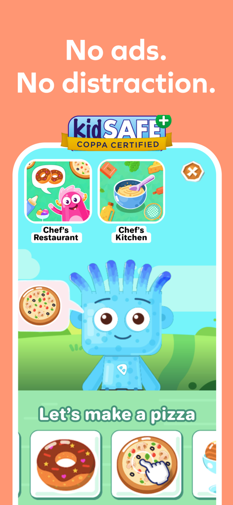 Splash Jr: Toddler Games 2-4 - Splash Jr toddler app interface featuring a pizza making activity and kidSAFE COPPA certification