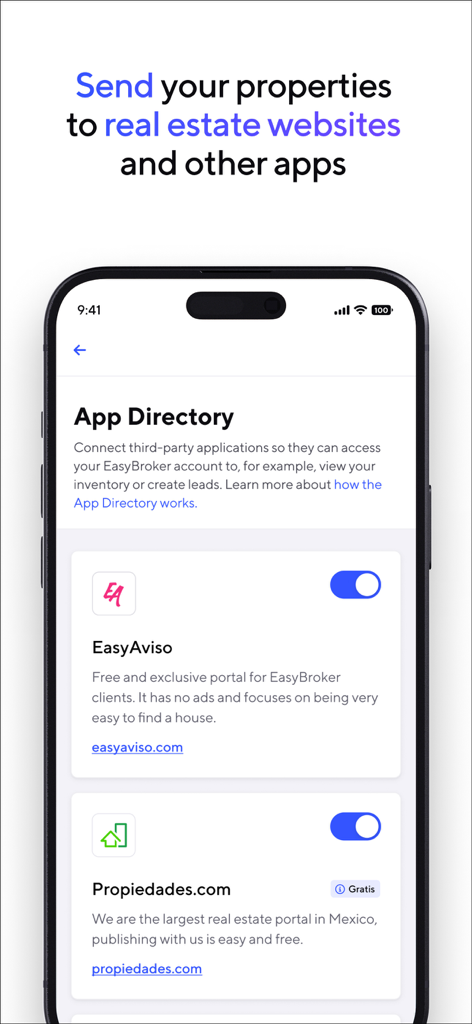 Mobile interface of EasyBroker showing the App Directory for connecting to real estate websites and third party apps