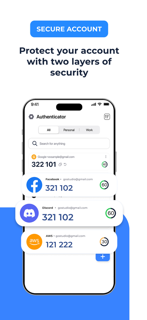 Un écran de téléphone portable montrant l'interface de l'application d'authentification avec des codes 2FA pour les comptes Google, Facebook et Discord