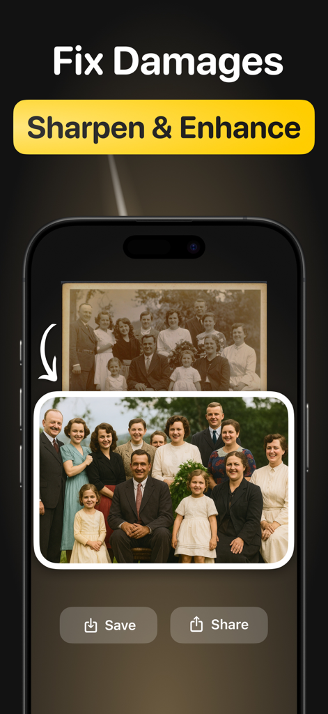 AI Restore Photo - Unblur - Before and after comparison of an old family photo restored and colorized using AI