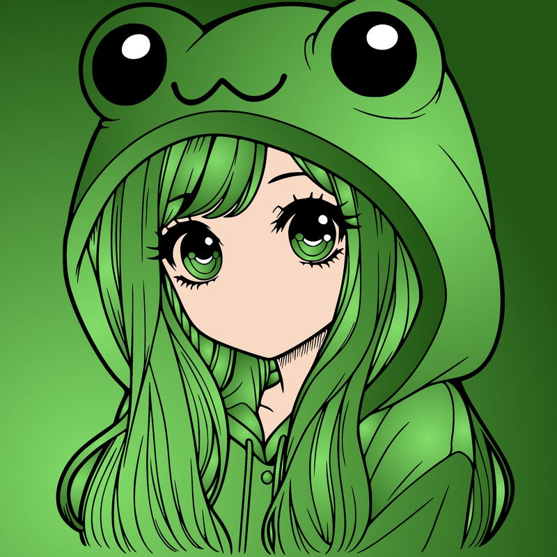 a pretty girl wearing a frog hoodie portrait with long hair