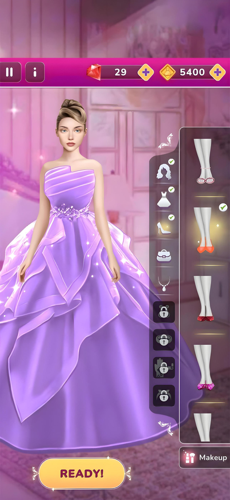 Wedding Fashion Stars - A character in a large purple ballgown within the Wedding Fashion Stars mobile game UI showing dress-up and shoe selection options.