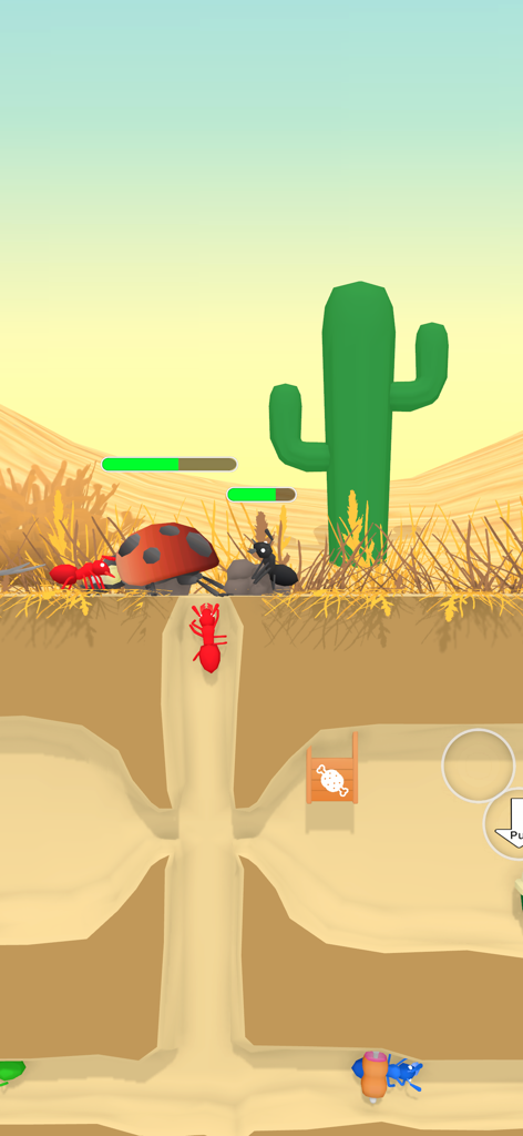 Empire of Ants - Idle Game - Cross-section view of an ant colony showing underground tunnels and ants battling a ladybug on the surface near a cactus.