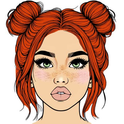 realistic girl with two buns on her hair and lips