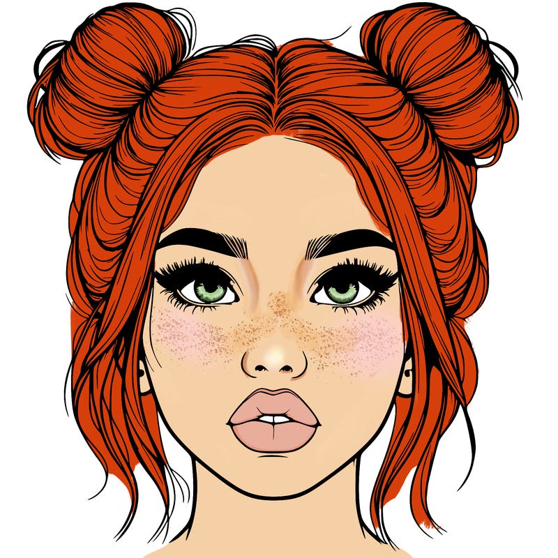 realistic girl with two buns on her hair and lips
