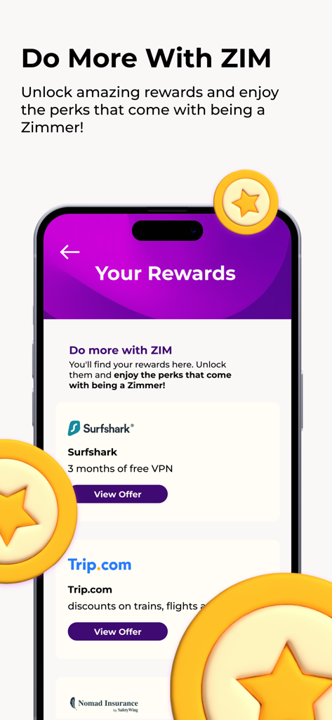 ZIM app rewards screen showing exclusive travel perks and partner discounts