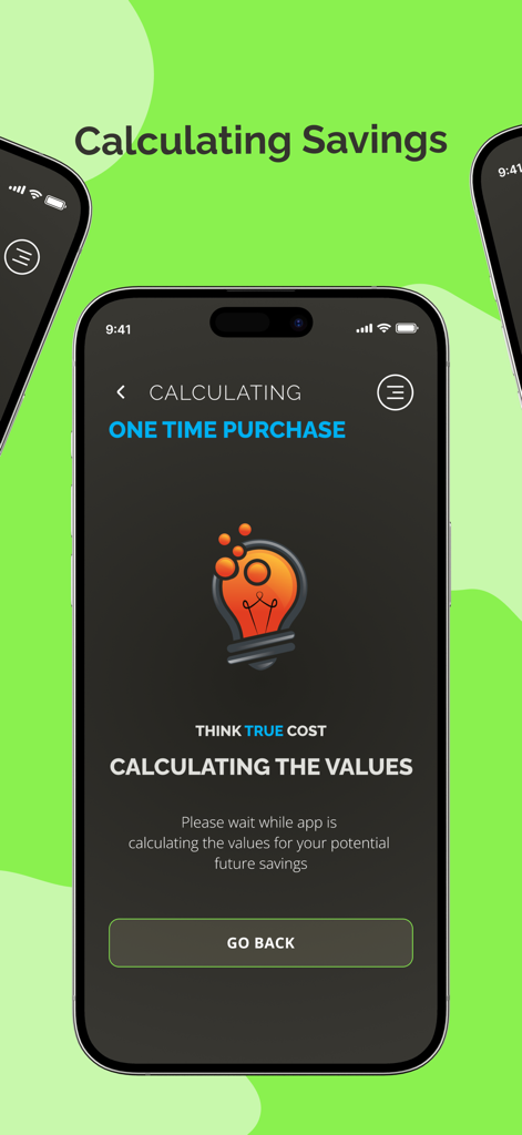Think True Cost app interface calculating future savings values for a one time purchase
