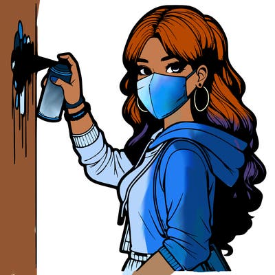 realistic girl with mask spray painting a wall