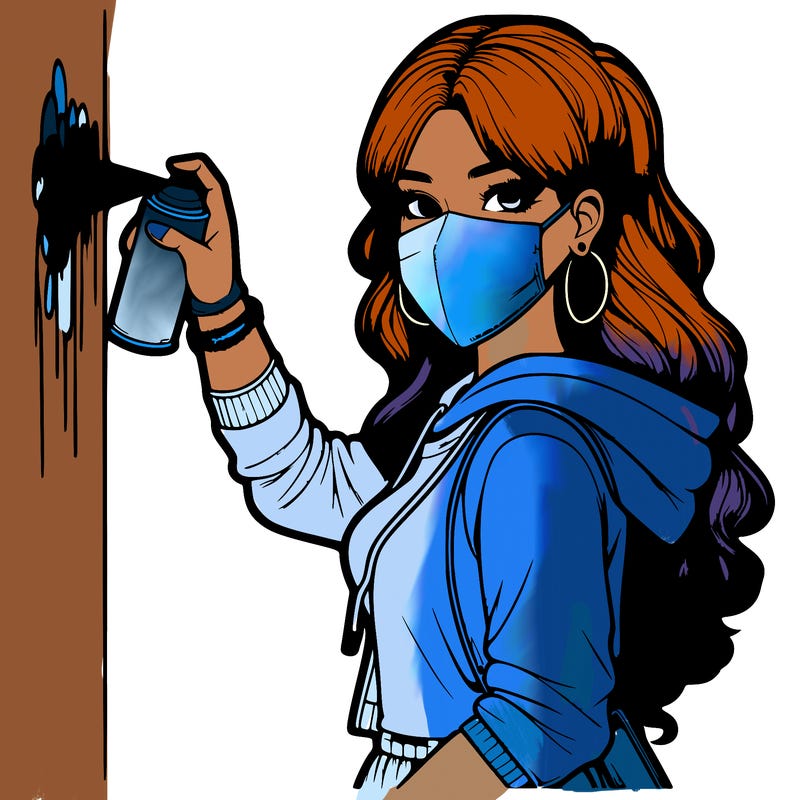 realistic girl with mask spray painting a wall