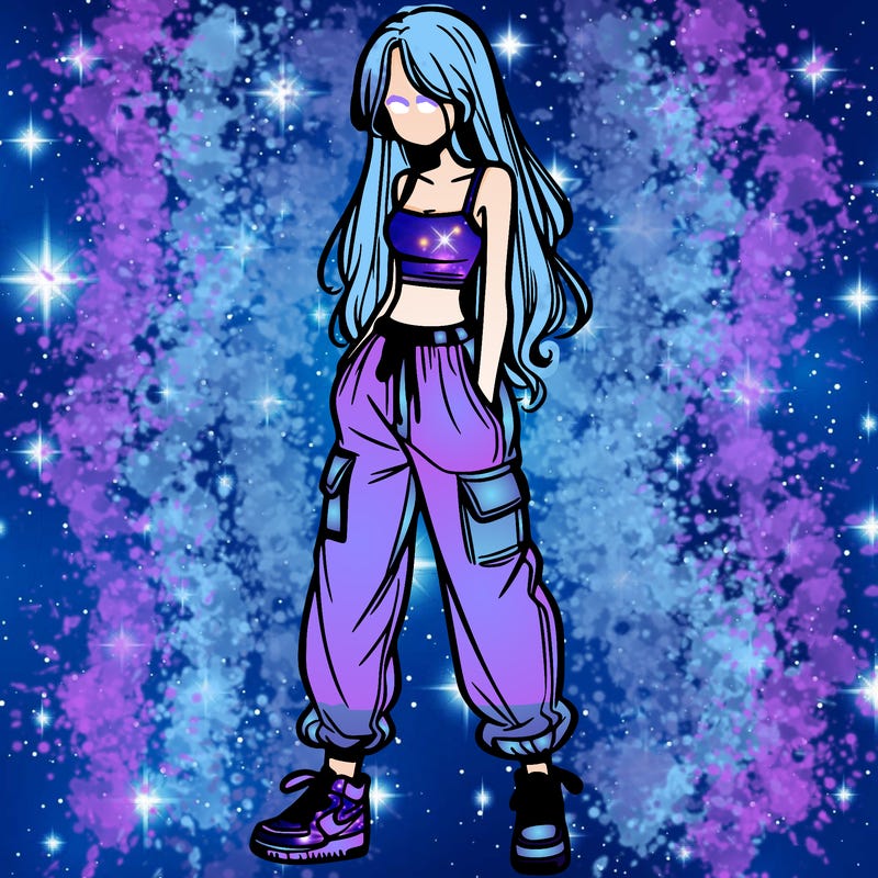 girl in baggy pants crop top and long hair