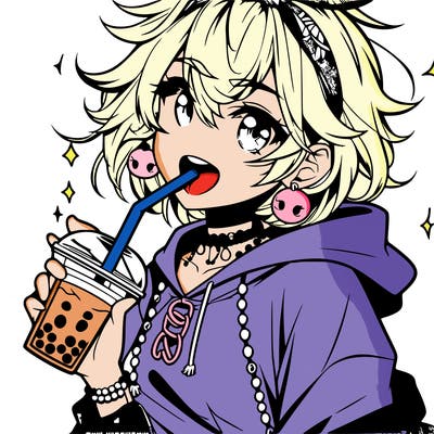 hot baddie anime girl drinking boba and biting the straw