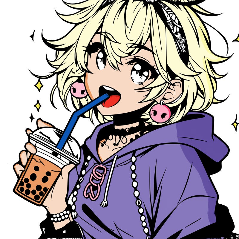 hot baddie anime girl drinking boba and biting the straw
