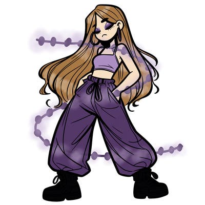 girl in baggy pants crop top and long hair