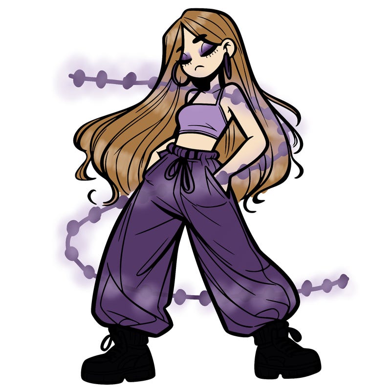 girl in baggy pants crop top and long hair