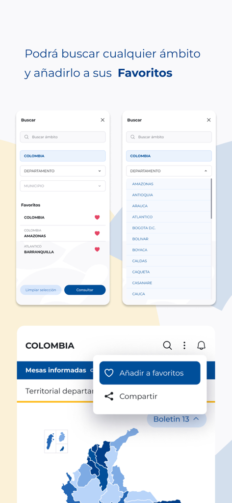 Interface of the election results app showing search filters for departments and the option to add regions to favorites.