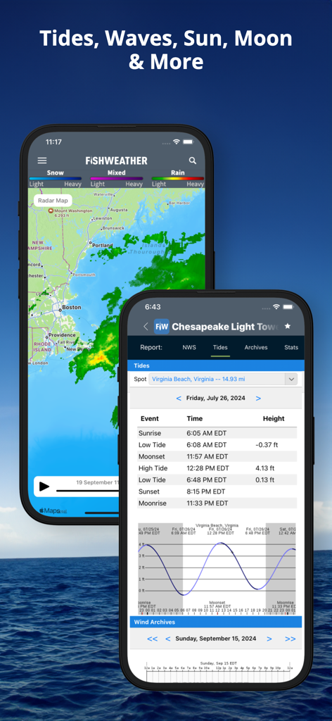 FishWeather: Marine Forecasts - FishWeatherアプリのディスプレイに、ライブ気象レーダーマップと釣り人や船乗りのための詳細な海洋潮汐表が表示されている