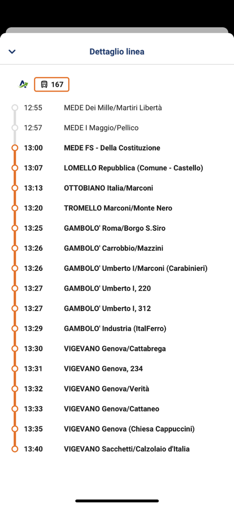 Autoguidovie - Schedule of bus line 167 showing stops and times in the Autoguidovie app.