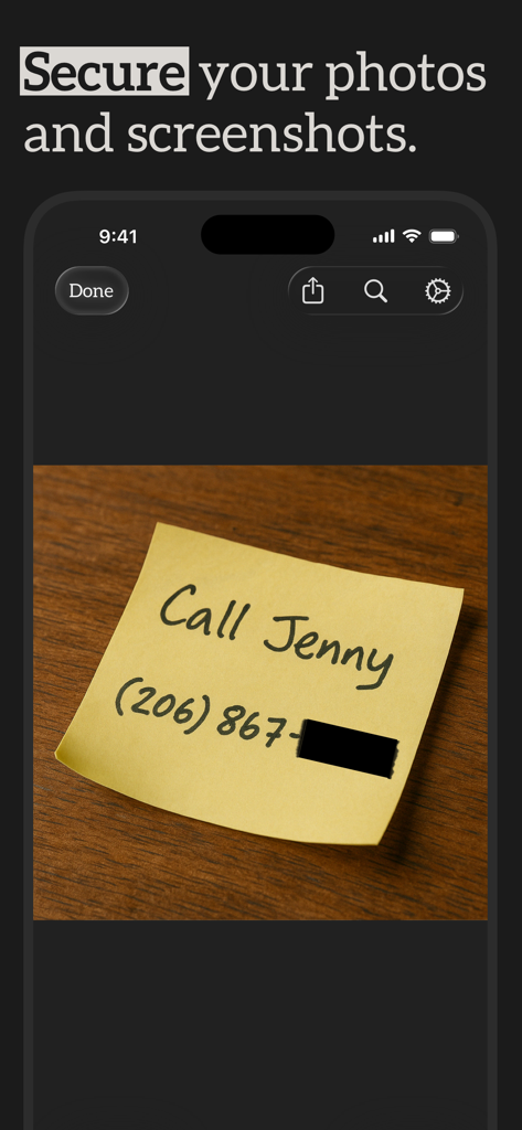 Black Highlighter: Redact Text - Black Highlighter app interface showing a redacted phone number on a yellow sticky note to secure sensitive information