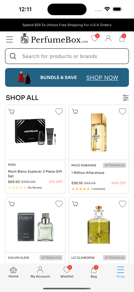 The PerfumeBox - Bildschirm 'Alle Einkaufen' der The PerfumeBox mobilen App, der verschiedene Designer-Düfte und Aftershaves mit Rabatt-Badges und Geschenkset-Optionen anzeigt.