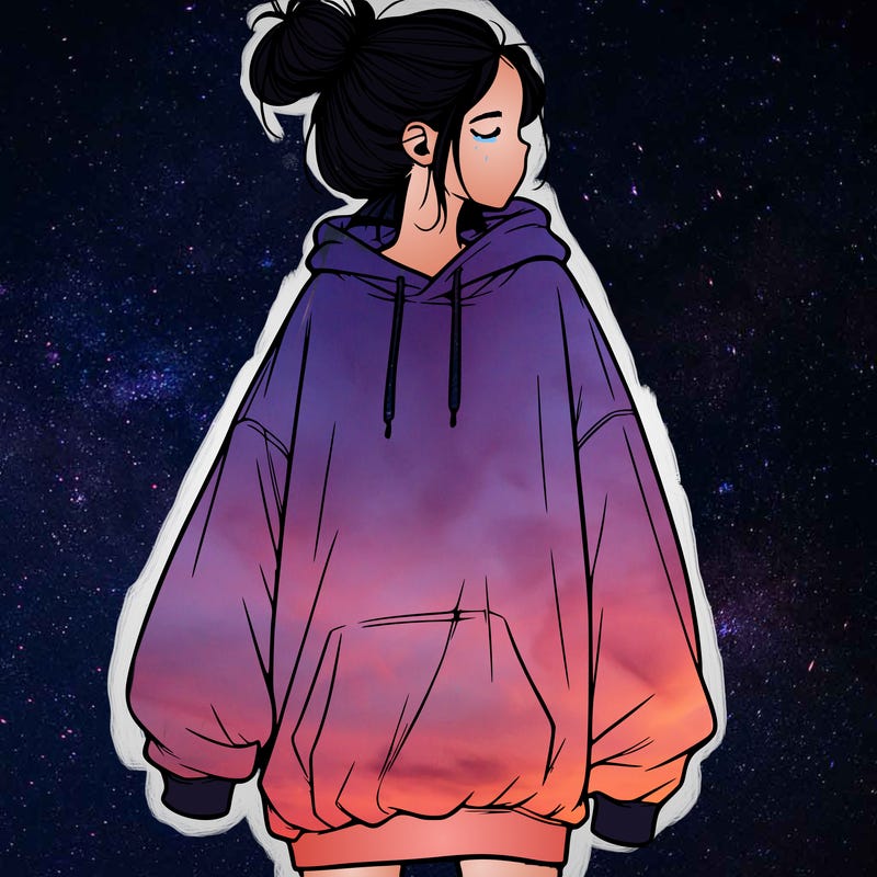 realistic girl with a oversized sweatshirt on and a bun