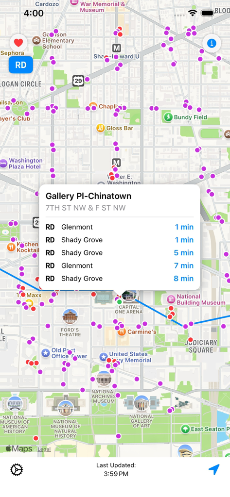 DC Next Bus - DC Next Bus app displaying Metro arrival times and transit stops on a Washington DC map