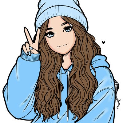 a teenage girl in a beanie, oversized sweatshirt, wavy long hair, and is showing a ✌️
