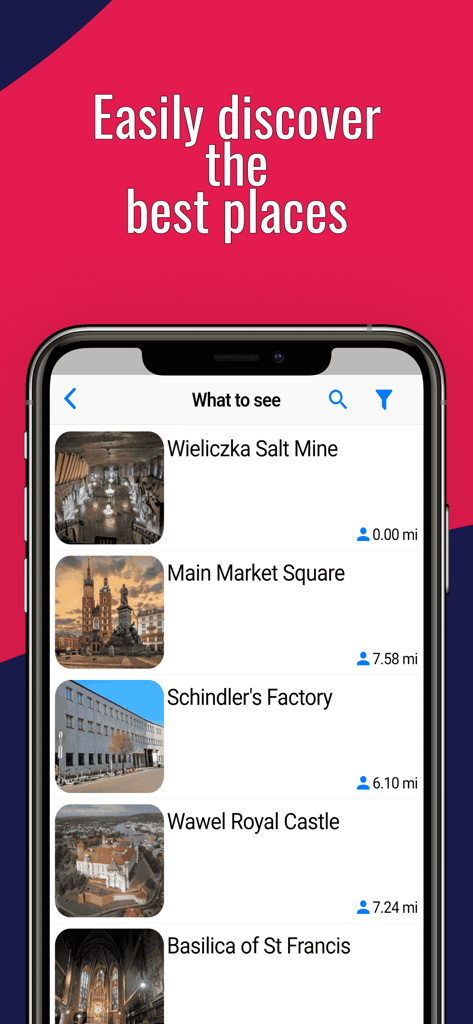 KRAKOW Guide Tickets & Hotels - A mobile app screen showing a list of top Krakow attractions including Wawel Castle and Main Market Square with distances.