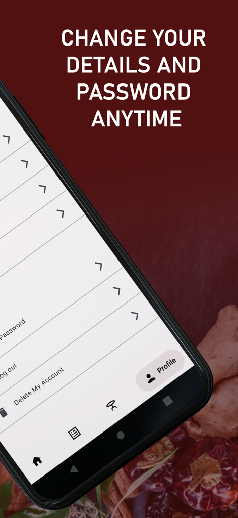 Khyber Garden - Mobile screen of the Khyber Garden app showing user profile and account security settings