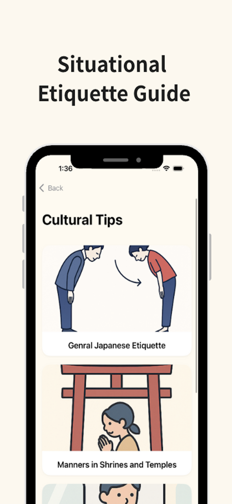Interfaz de la aplicación Travel Japan Buddy mostrando guías visuales de etiqueta cultural para inclinarse y visitar santuarios.