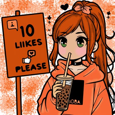 girl with a high ponytail and a hoodie drinking boba staring at a sign saying 10 likes please