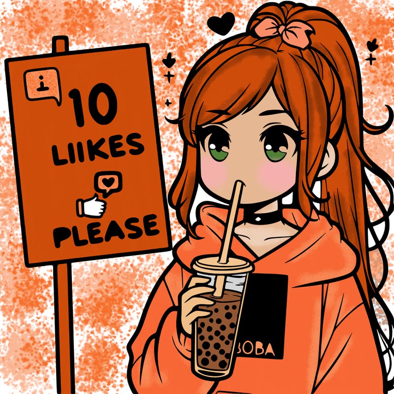 girl with a high ponytail and a hoodie drinking boba staring at a sign saying 10 likes please