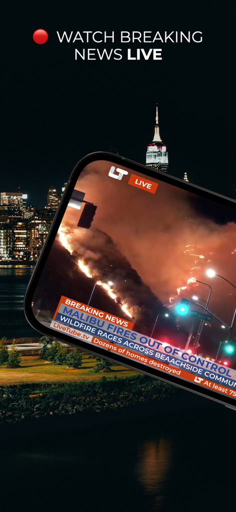 Smartphone displaying a live breaking news broadcast on the LiveTube app with a city skyline background