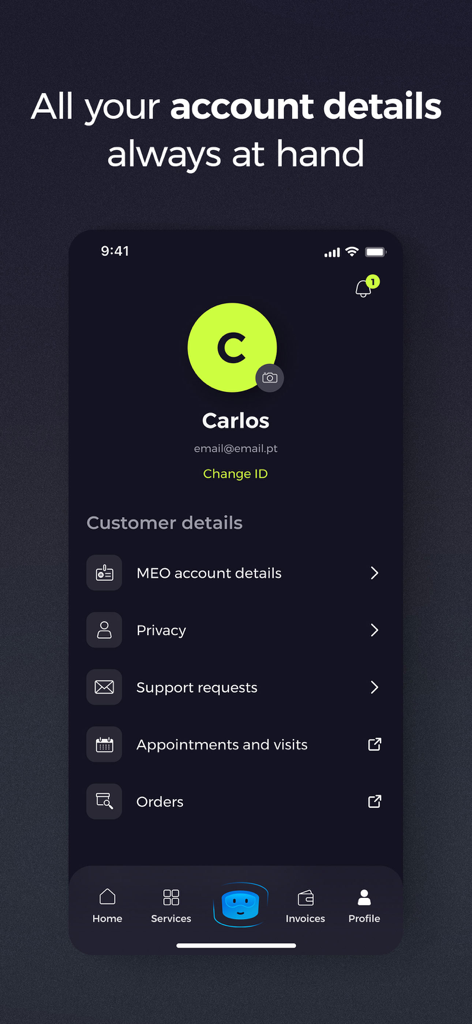 Schermata del profilo dell'app my MEO che mostra i dettagli dell'account utente e le opzioni di supporto clienti