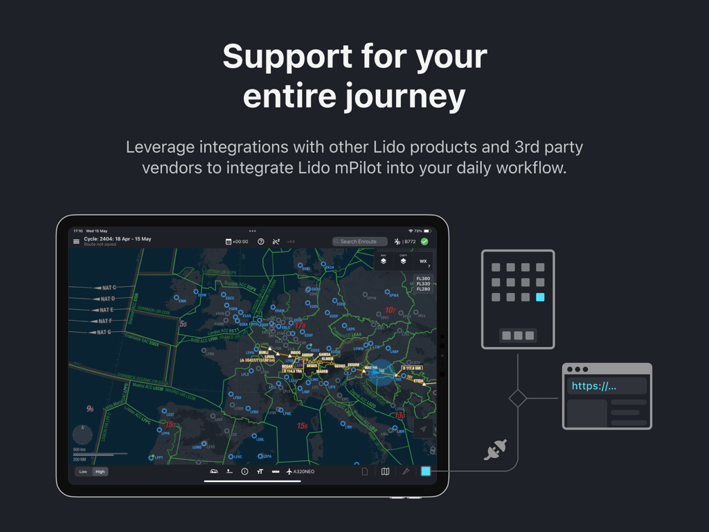 Lido mPilot - Lido mPilot iPad app showing flight route map and workflow integration options