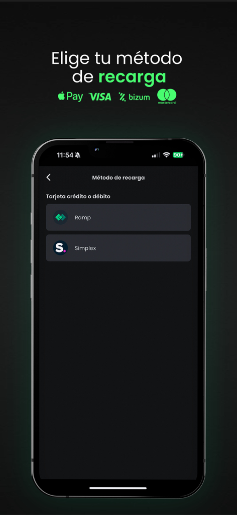 Coco Wallet - Banca Digital - Coco Wallet app interface for selecting a recharge method with Ramp and Simplex options