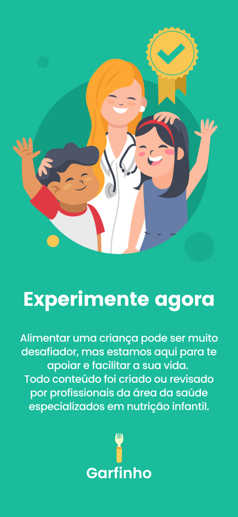 Illustration of a health professional with two happy children and a gold quality seal representing expert-backed pediatric nutrition content