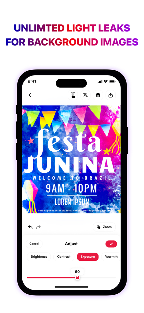 Un écran de smartphone montrant l'interface de l'application Poster Maker avec des outils de réglage d'image et un design de flyer coloré de festival