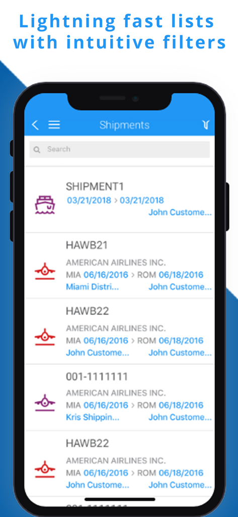 LiveTrack by Magaya - LiveTrack by Magaya app interface displaying a list of shipments with air and sea freight icons