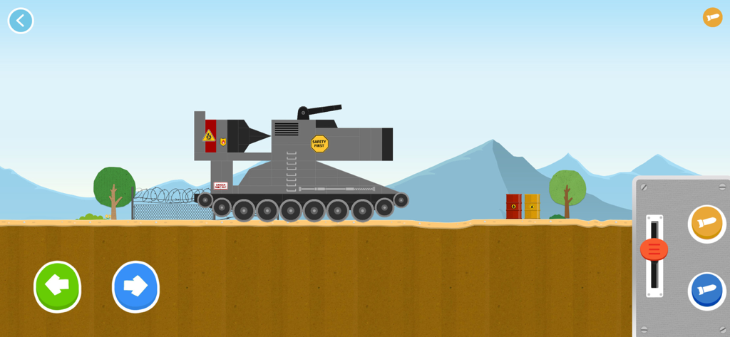 Un tanque personalizado de bloques grises con motor a reacción conduciendo a través de un nivel de desplazamiento lateral con paisaje montañoso y controles del juego en pantalla.